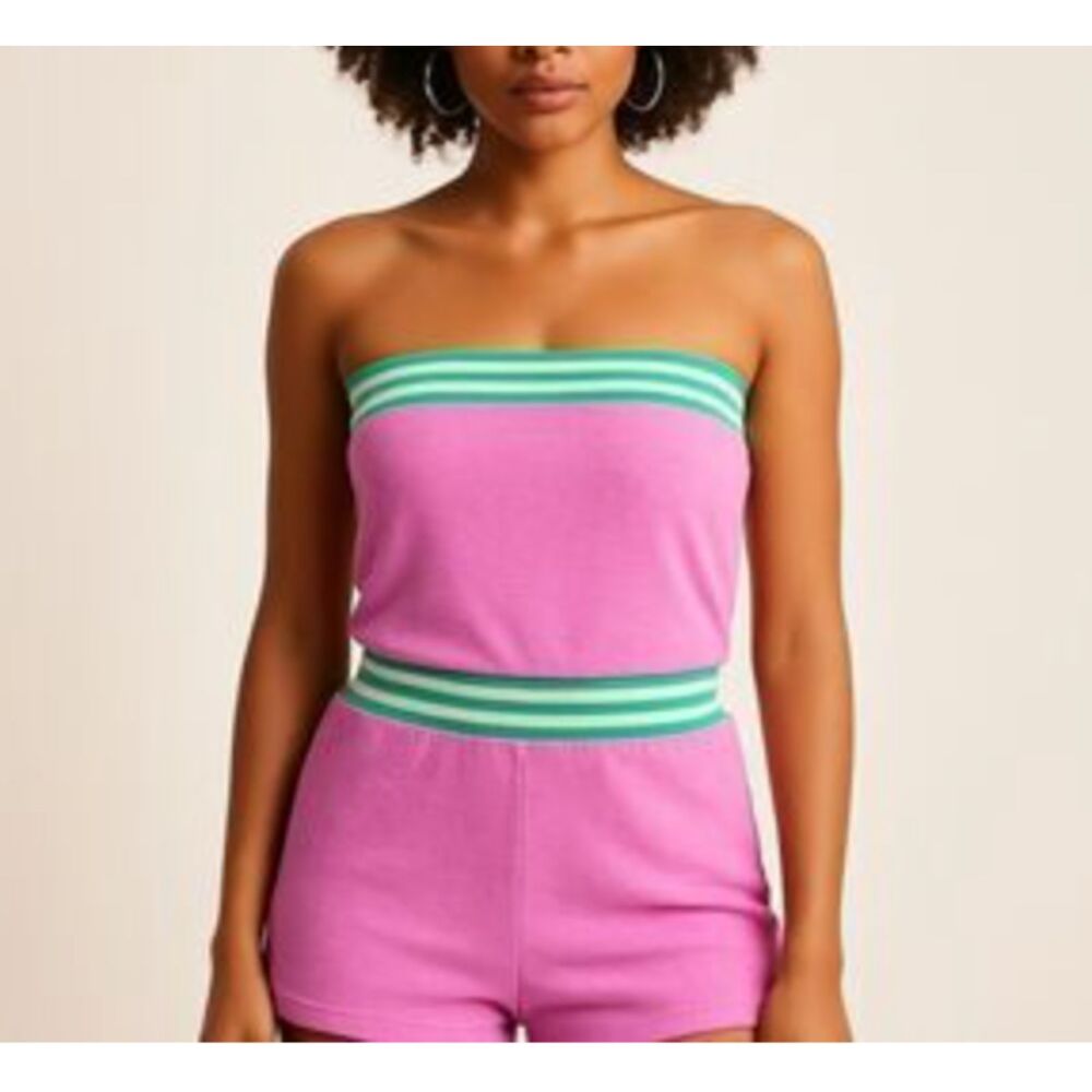 Macbeth Collection by Margaret Josephs Pink Strapless Romper with Green Trim